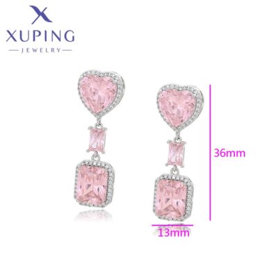 Xuping Pink Heart & Cushion Cut CZ Drop Earrings – Everyday Luxury - Image 3