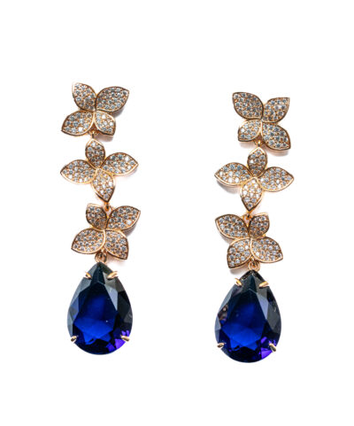 Elegant Flower Dangle Earrings with Royal Blue Cubic Zirconia - Image 3