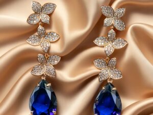 Elegant Flower Dangle Earrings with Royal Blue Cubic Zirconia