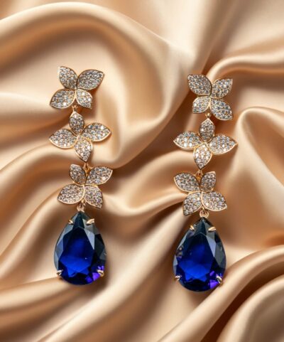 Elegant Flower Dangle Earrings with Royal Blue Cubic Zirconia
