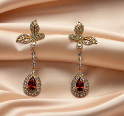 Crimson Bloom Butterfly Drop Earrings – Sterling Silver S925