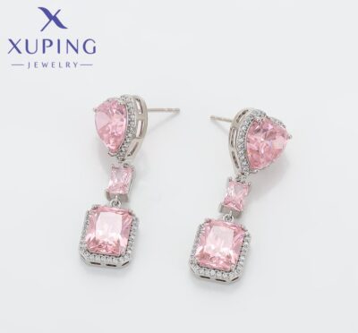 Xuping Pink Heart & Cushion Cut CZ Drop Earrings – Everyday Luxury - Image 2