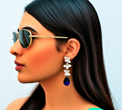 Elegant Flower Dangle Earrings with Royal Blue Cubic Zirconia - Image 2